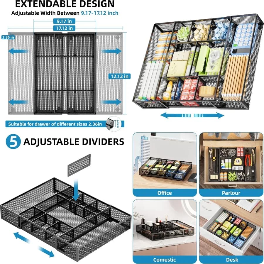 Organizzatore per cassetti da scrivania espandibile Vassoio organizer per cassetti in rete con 10 scomparti regolabili per forniture per ufficio Trucco Vanity S