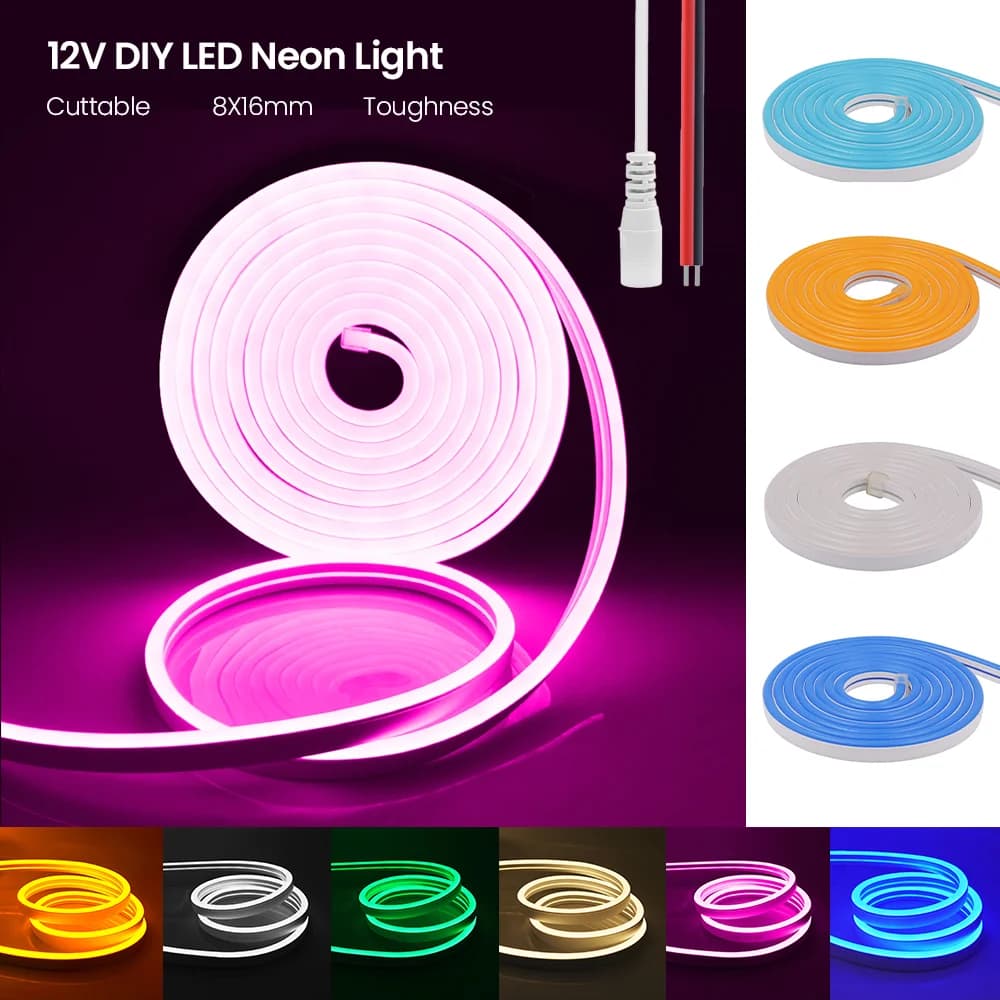 DC 12V LED Neon Strip 8X16MM Luci a corda Neon Sign 2835 120LED/m Nastro flessibile con cavo a 2 pin/DC femmina impermeabile IP67