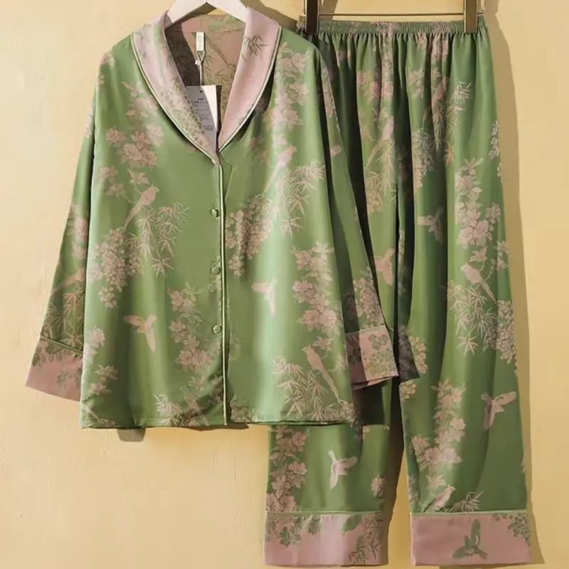 Nuovi Pigiami di Alta Gamma con Motivi Floreali Cinesi, Set Casual da Donna con Cardigan Stampato e Pantaloni, 2 Pezzi, Completo Loungewear Verde Primavera-Estate