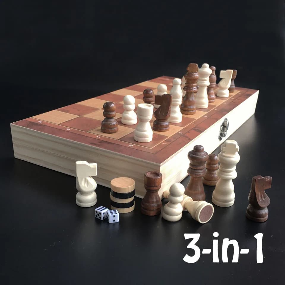 Chess Backgammon Checkers 3 in 1 Wooden Chess Set, Travel Chess Game, Wooden Chessboard Puzzle Table Board Game