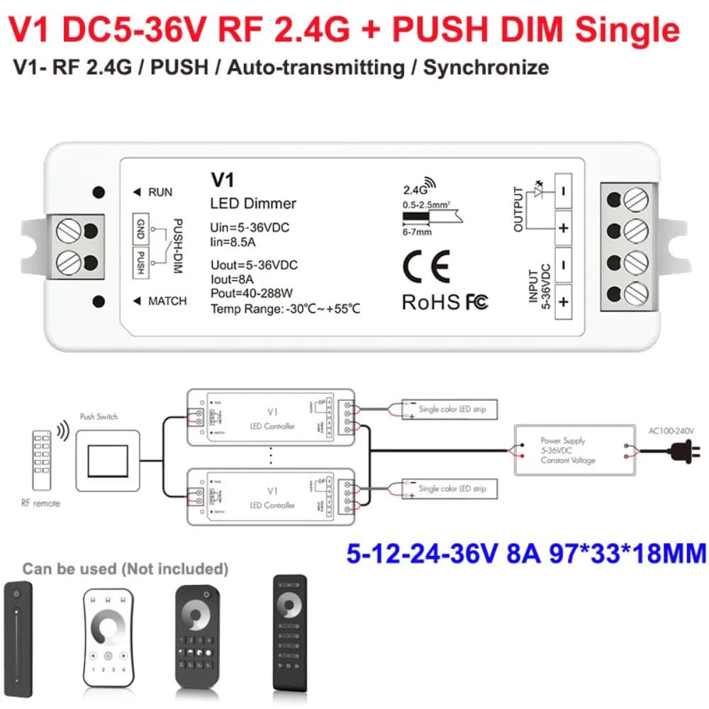 Controller LED Professionale a Tensione Costante DIM/CCD/RGB RF2.4GHz, Driver per Strisce Luminose DC12-24V, Dimmer LED PWM per Casa