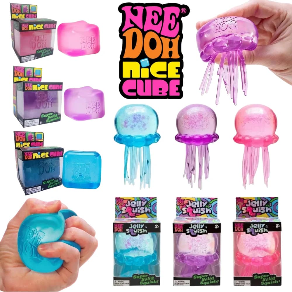 Set di Giocattoli Antistress NeeDoh Jellyfish & Nice Cube, Morbidi Giocattoli Sensoriali a Forma di Medusa e Cubo, Regalo per Bambini e Adulti