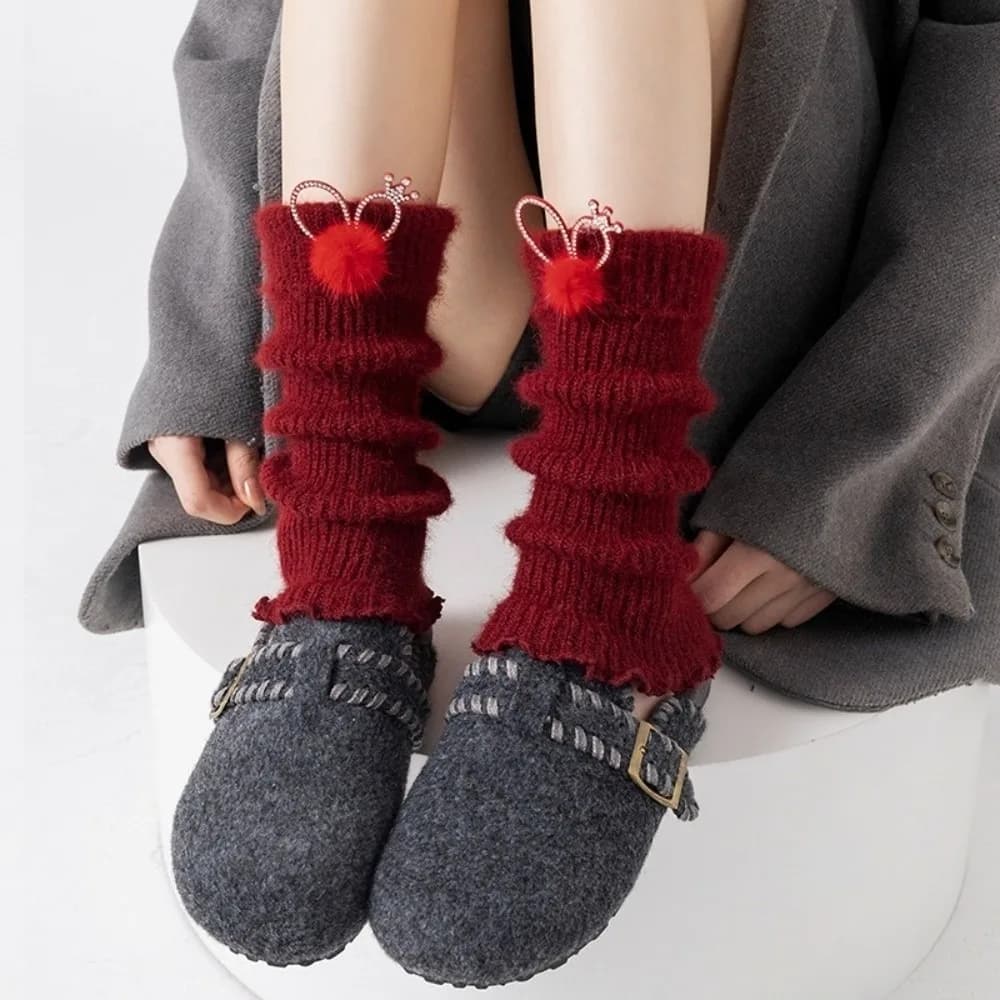New Red Color Leg Warmers Bow Thickened Mid-Calf Sock Knitted Lolita Boot Covers Women Girls
