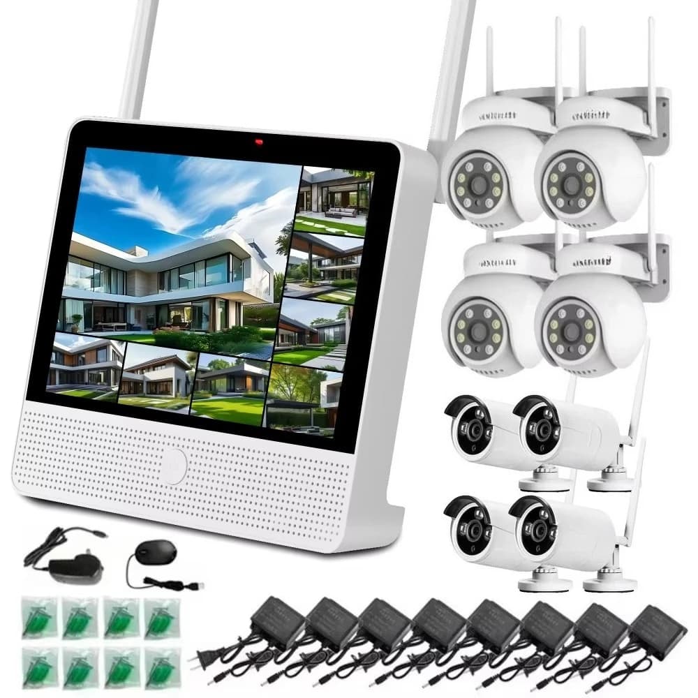 Sistema di Telecamere di Sicurezza Wireless con Monitor, Telecamera PTZ e Bullet, Impermeabile per Esterni, Visione Notturna a Colori, Connessione Wi-Fi
