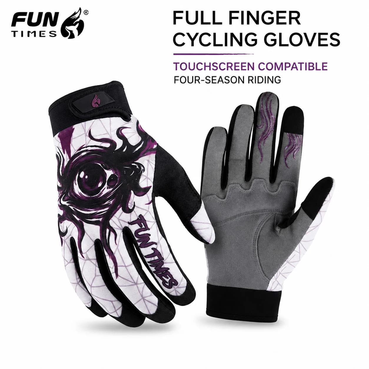FUNTIMES One Eye Print Cycling Gloves Touchscreen Full Finger Four Season Bicycle Gloves for MTB Road Bike Riding for Men Women