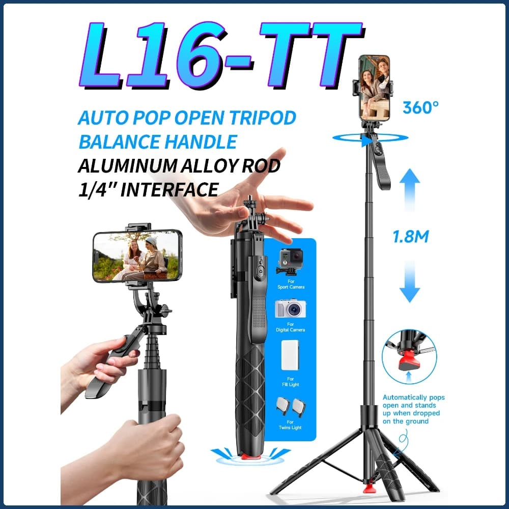 L16TT Treppiede Automatico a Scomparsa per Telefono, Asta Selfie Estensibile 66.9'' per Riprese con Smartphone, Vite da 1/4'' per Action Camera