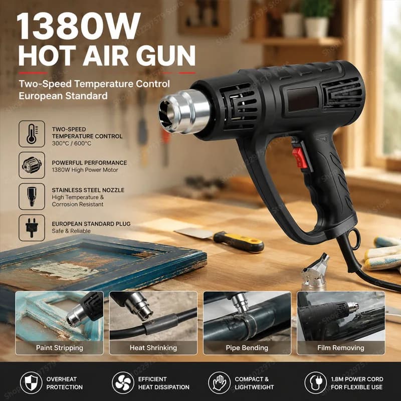 Pistola termica professionale da 1380W con temperatura regolabile, utilizzabile per la rimozione fai-da-te di vernice e pellicola termoretraibile in plastica.