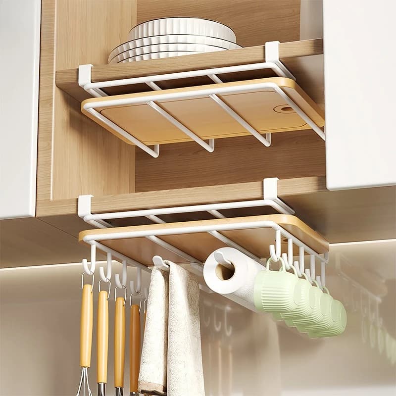 No Drill Kitchen Under Cabinet Storage Rack Multi Functional Pot Lid Cutting Board Hanging Organizer Rack