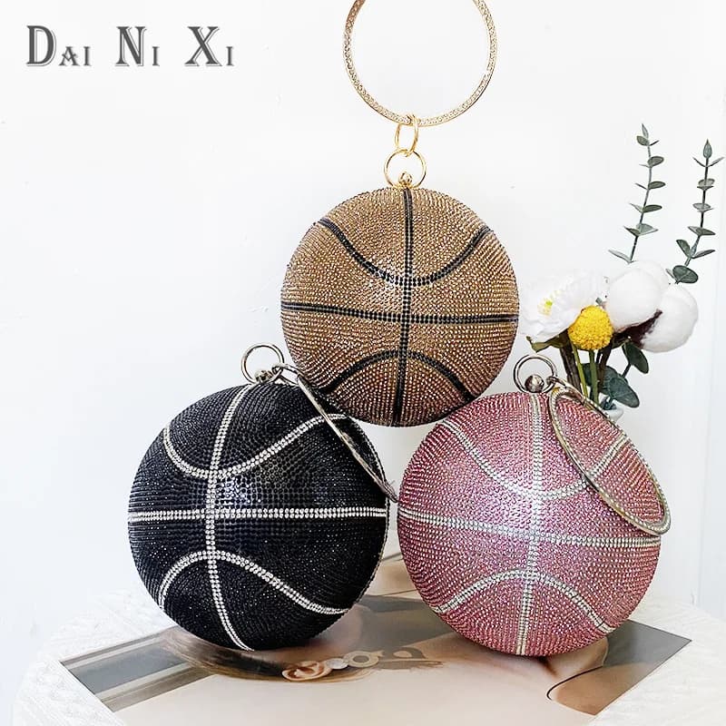 Luxury Design Fashioned Basketball Bag with Crystal Rhinestones Evening Bag With Women's Pouch