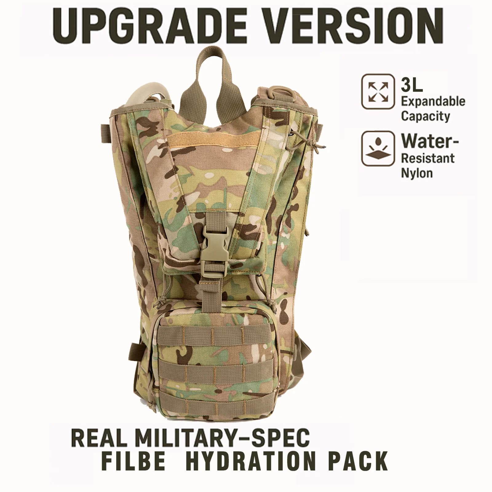 Military tactical water backpack FILBE with 3 liters bladder – storm water door MOLLE, multi-Terrene camouflage