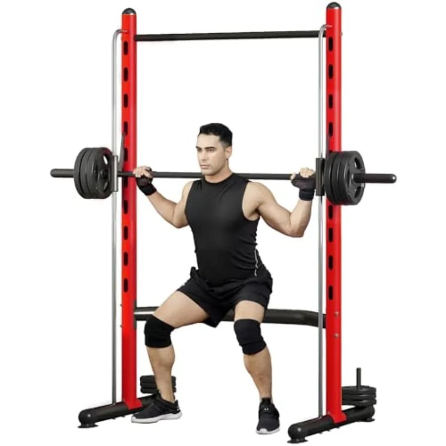 Adjustable Squat Rack with Home Strength Training Traction Bar, Multifunction Power Rack with Balancing and Bench Press