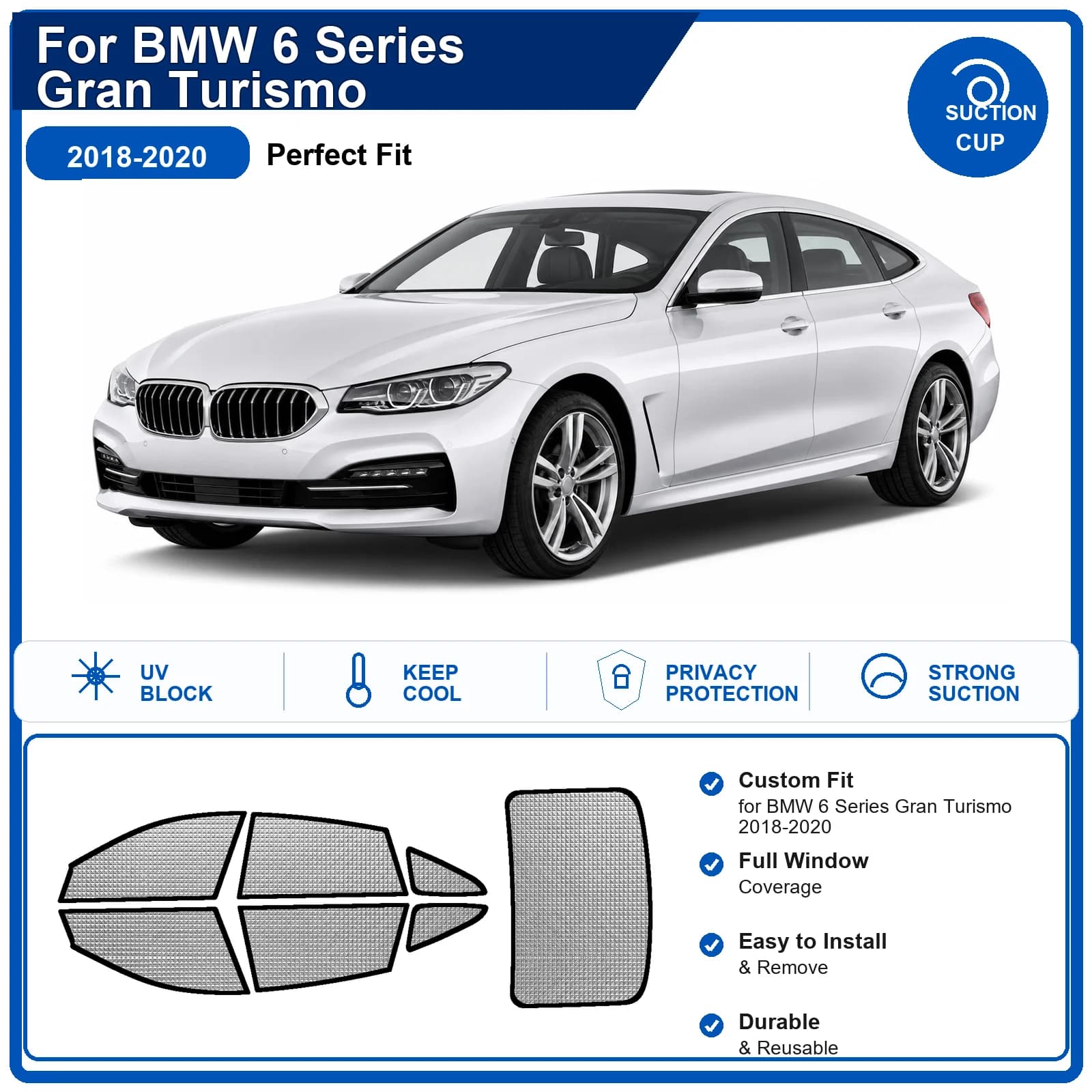 For BMW 6 Series Gran Turismo 2018-2020 Custom Full Set Windshield Sun Shade Aluminum Foil Heat Insulation Anti UV Foldable