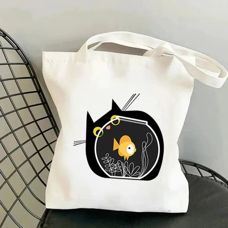 Borsa tote in tela con stampa di gatto nero carino e acquario, borsa a tracolla bianca estetica, borsa casual