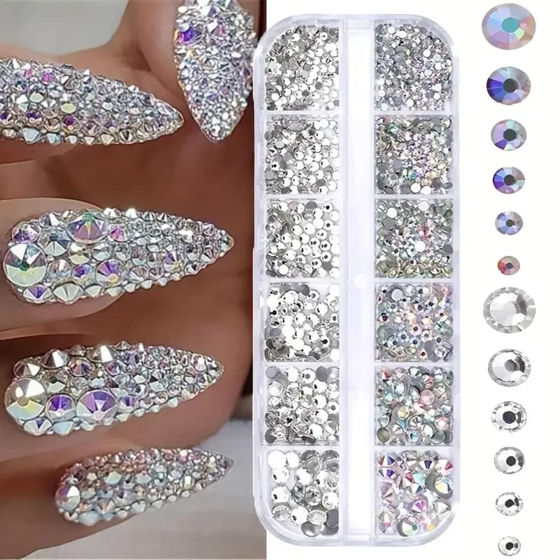 Strass per unghie con retro piatto 3D in scatola Gemme per unghie Vetro AB e kit di strass in cristallo trasparente Ciondoli per nail art Accessori per manicure fai da te