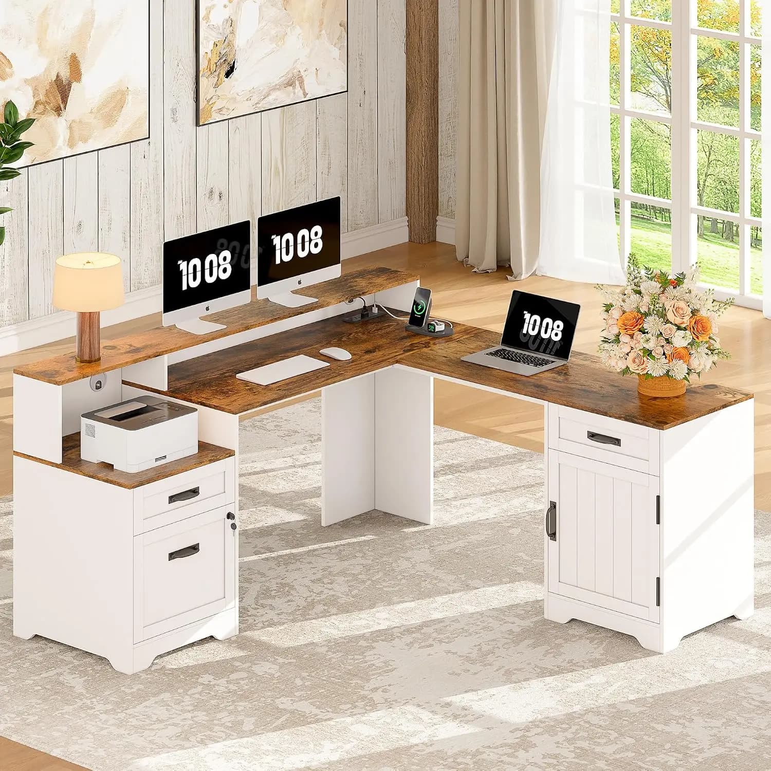 63" Farmhouse L Shaped Desk with Monitor Stand Shelves White, Customized