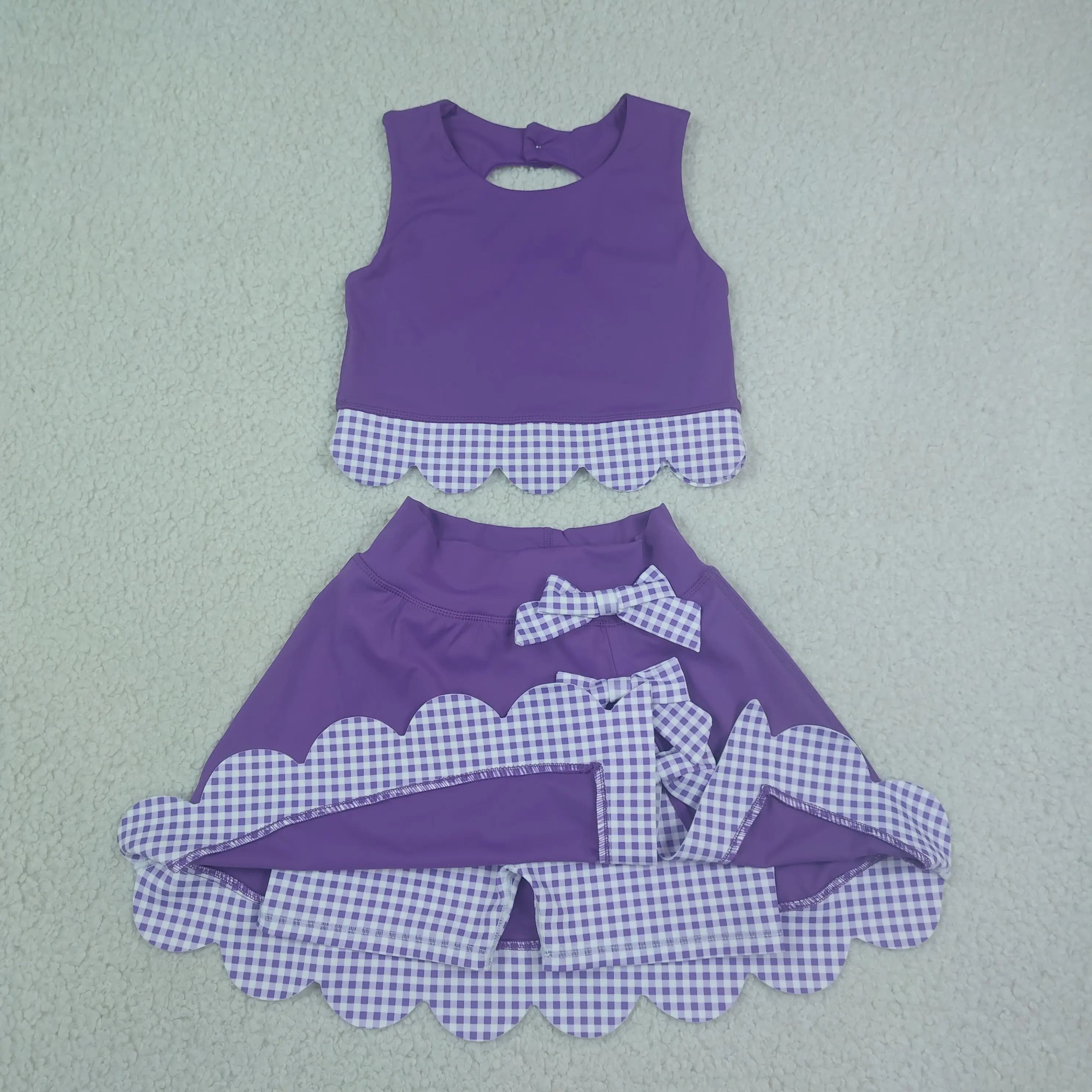 Wholesale Baby Girl Yoga Active Toddler Sleeveless Purple Shirt Plaid Bows Skirt Shorts Kids Skort Set Athletic Summer Clothes