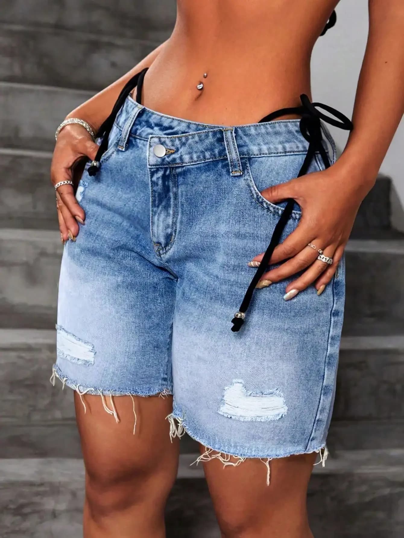 Women's Summer Washed Denim Shorts, Distressed Fringe Asymmetric Waist Design, Casual Streetwear Style, Y2K Sexy Look, Suitable For Dates, Beach And Daily Wear