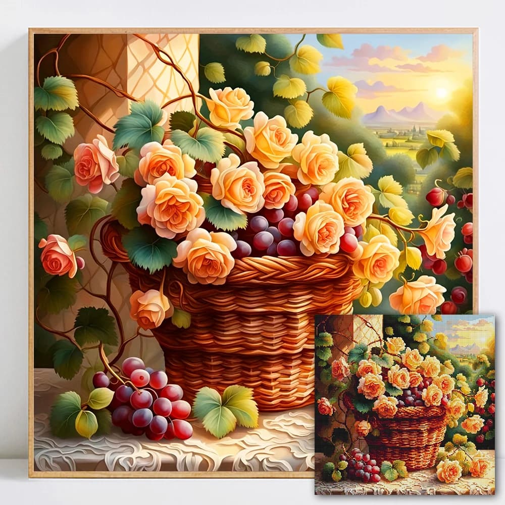 Kit Pittura Diamante Floreale, Mosaico Completo Quadrato e Rotondo, Paesaggio Fatto a Mano, Regalo, Decorazione Casa