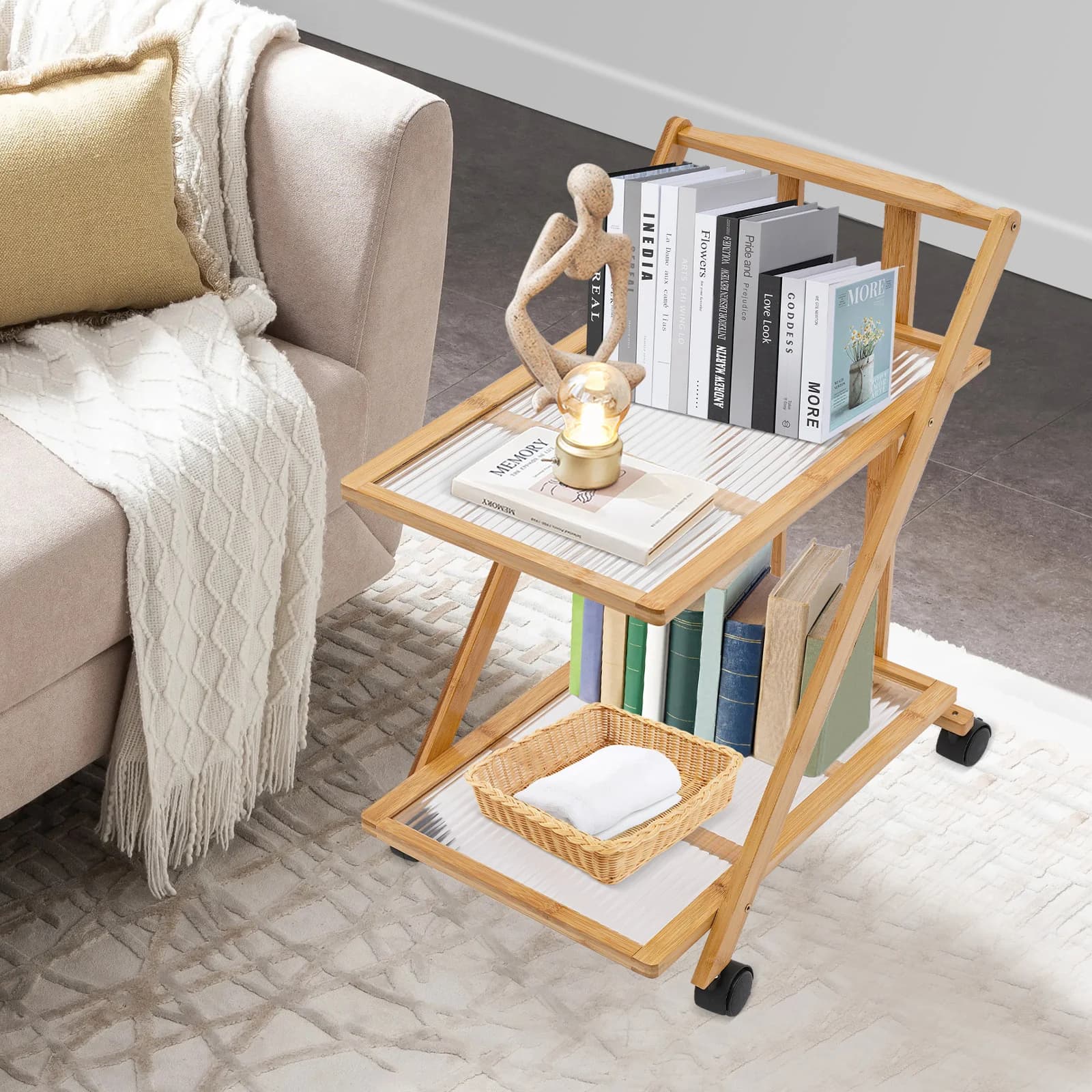2 Tier Rolling Cart Bamboo Foldable Storage Rack with Silent Wheels Brakes Triangular Organizer for Kitchen Living Room Bedroom Office Study Bathroom Balcony Books Cosmetics Kitchenware