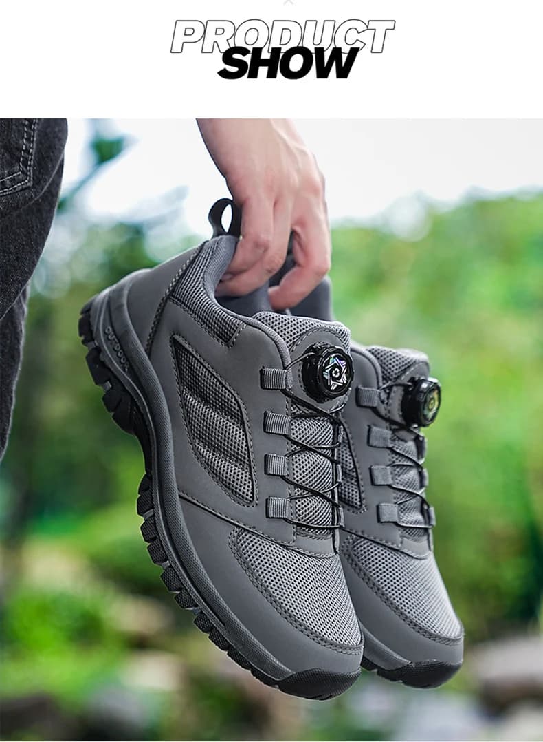 Comode scarpe sportive antiscivolo Scarpe da uomo taglie forti Sneakers da uomo in pelle Eleganti stivali da trekking con fibbia rotante Tinta unita