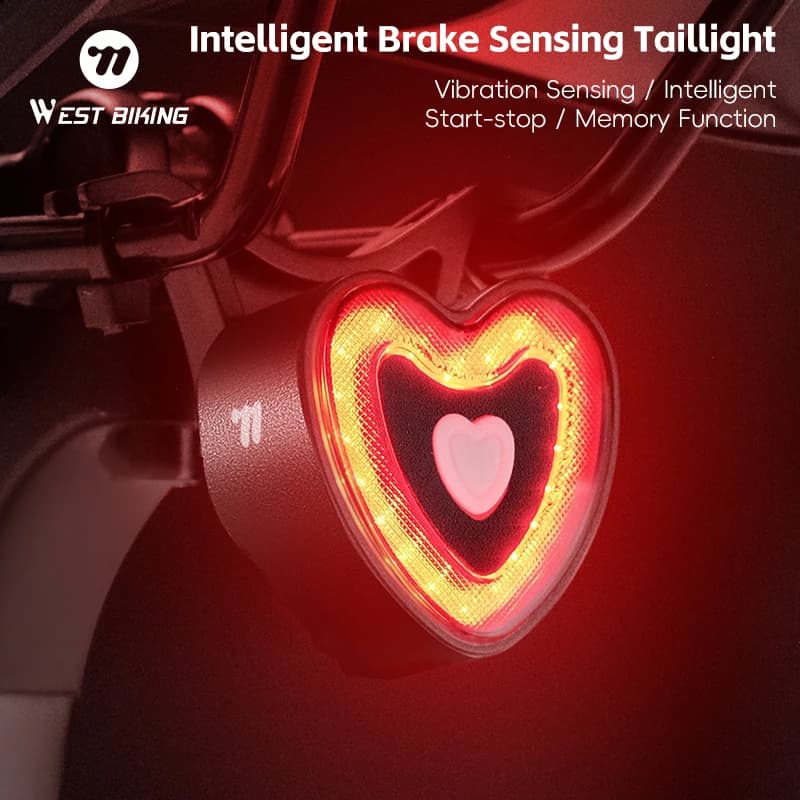 WEST BIKING Heart Shape Waterproof IPX6 Brake Sensing Vibration Wake Rechargeable Type-C Rear Bike Taillight Night Safety Light