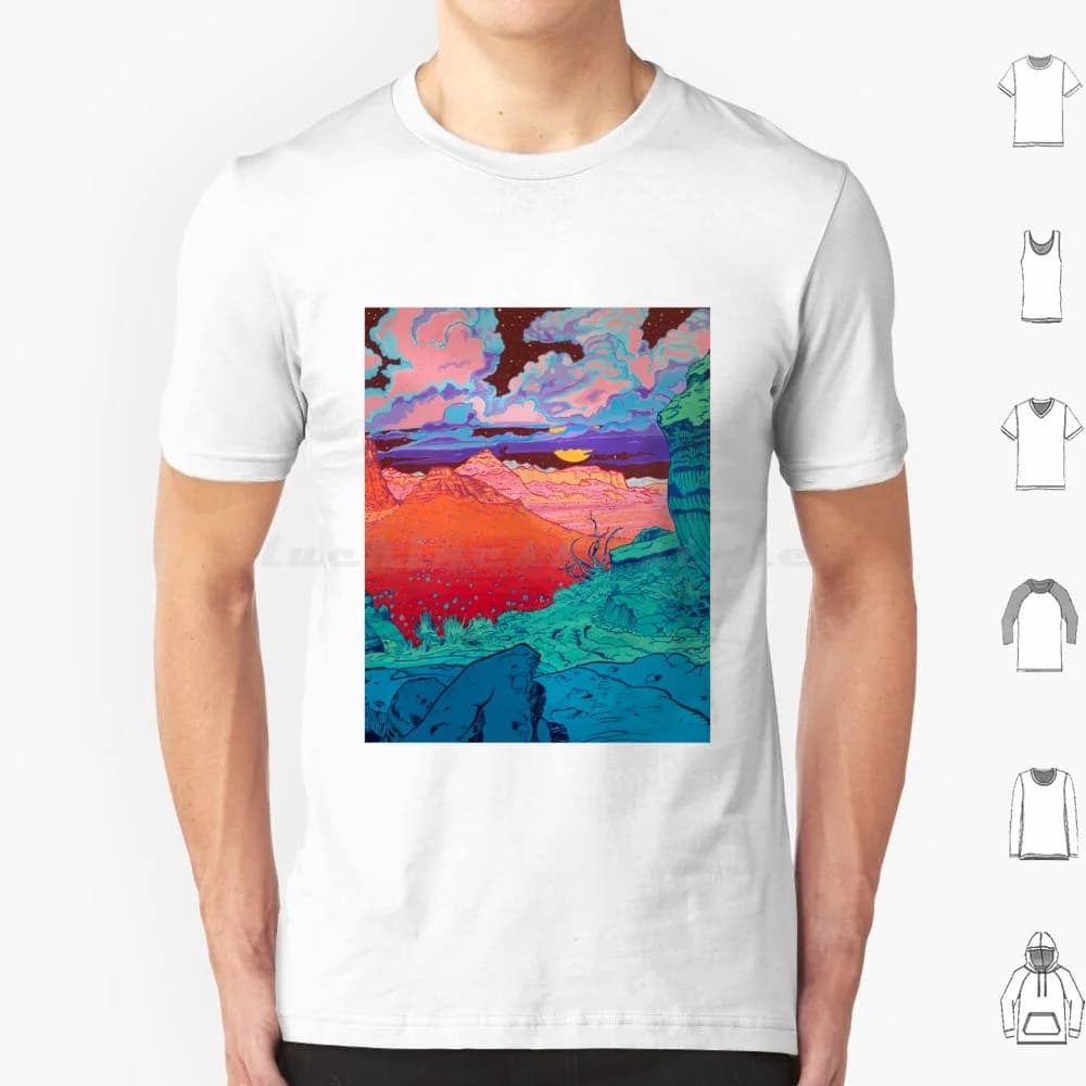 Maglietta Pink Clouds di grandi dimensioni 100% cotone Pop Art Comic Color Cultura pop Paesaggio pop Desert Moon Rocks Valley Geology