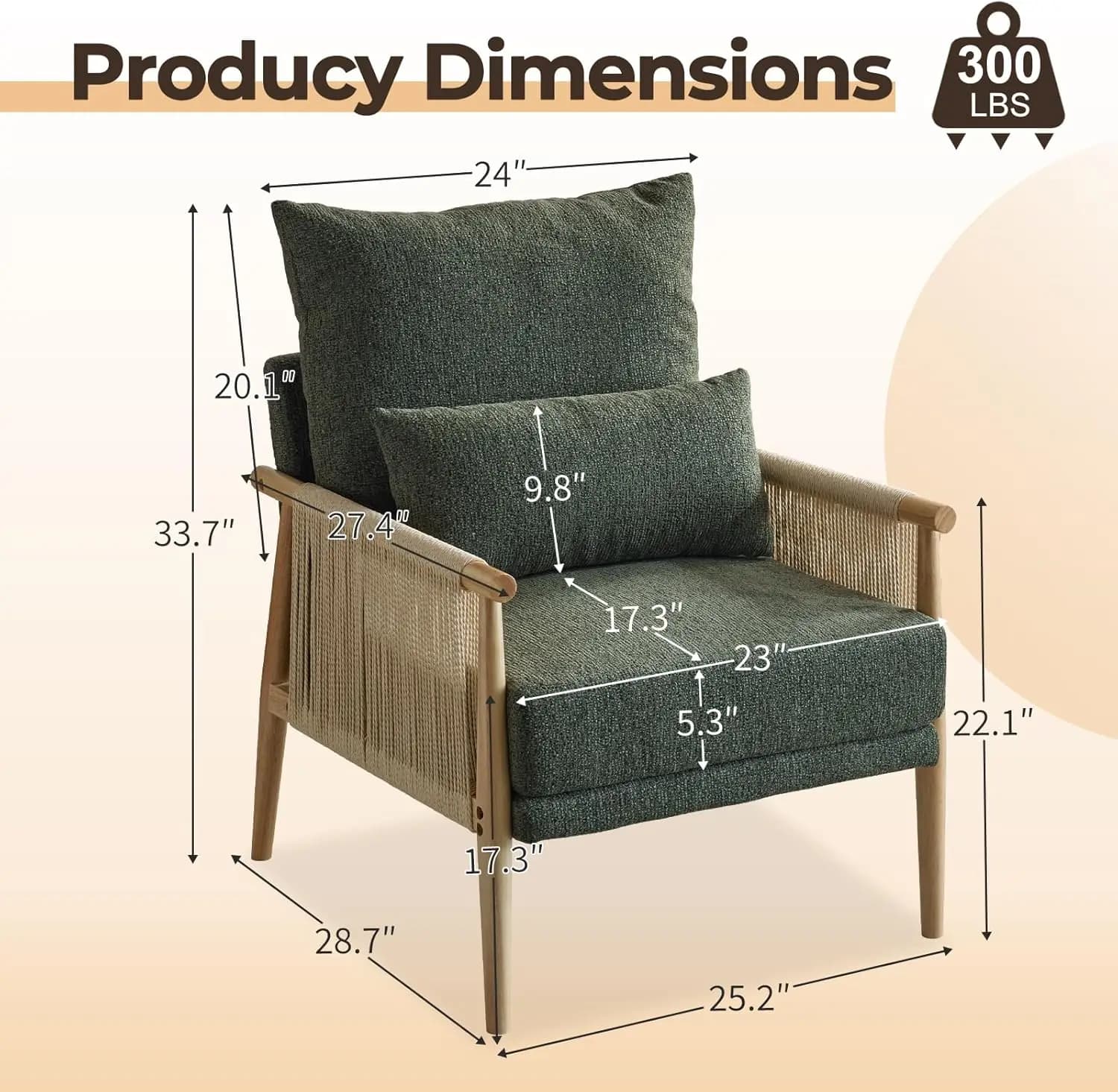 Accogliente sedia in ciniglia con cuscino lombare e braccioli in rattan Poltrona moderna per soggiorno, camera da letto, angolo lettura, verde