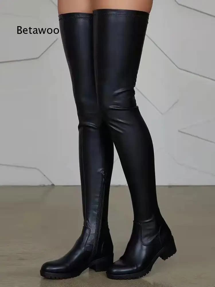 Ladies Black Elastic Leather Thigh High Boots Round Toe Side Zip Mid Block Heel Non Slip Platform Over Knee Booties
