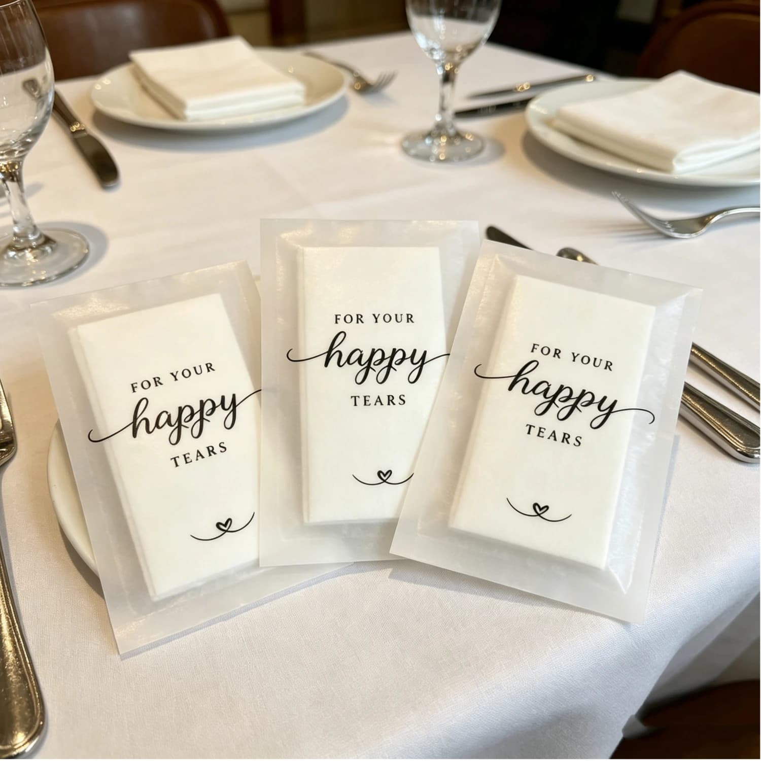Confezioni di Fazzoletti Premium a 3 Veli Happy Tears per Matrimoni, Indispensabili per la Borsa di Benvenuto degli Ospiti