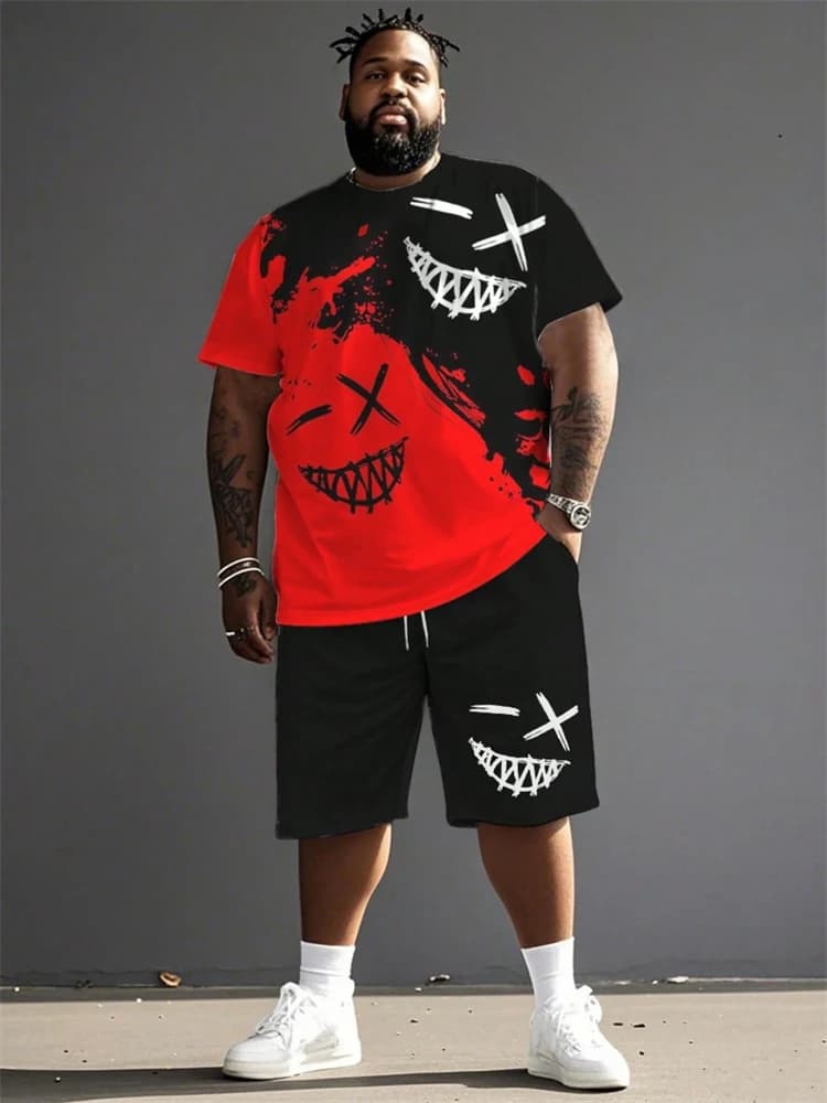 2026 New Red and Black Color-Blocked Print Men's Set Funny Ghost Face Print T-Shirt Relaxed Fit Streetwear Two-Piece Set