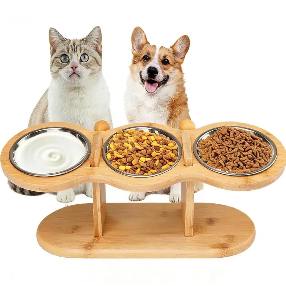 Supporto in Legno Naturale per Ciotole per Animali Domestici, Rialzato, con Ciotole in Acciaio Inossidabile per Cani e Gatti, per un'Alimentazione Sana e Accesso Facile all'Acqua