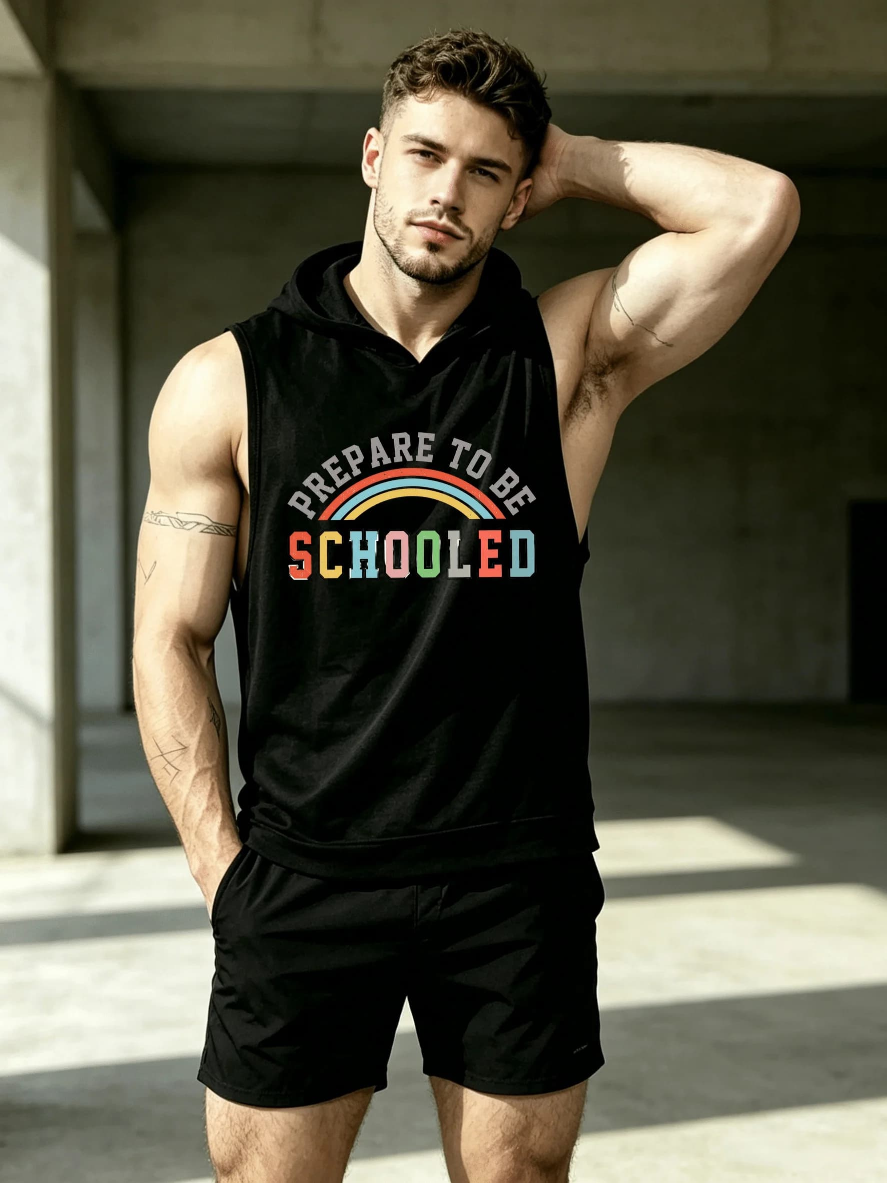 Summer Men's 2PCS Casual Schooled Print Sports Two-Piece Set, Hooded Sleeveless Vest Top T-Shirt with Shorts with Pocket Two-Piece Set, Cool And Comfortable, Black Minimalist Style