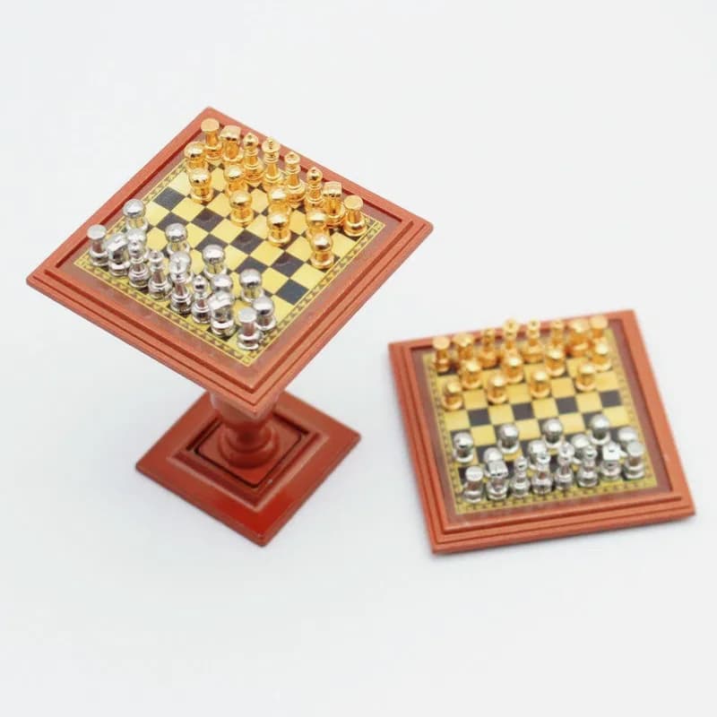 1Set Set di scacchi internazionale in lega in miniatura Set da tavolo per scacchi a scacchiera 1:12 Modello di scena di soldato per casa delle bambole Decorazioni per la casa Giocattolo per bambini