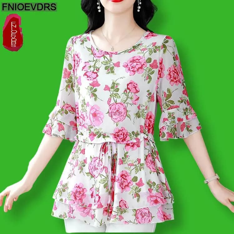 S-4XL donne fiore stampa floreale tunica lunga coulisse Lace-Up camicia in Chiffon camicette papillon Retro Vintage allentato peplo top