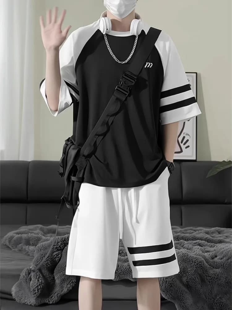 Completo Estivo Casual Sportivo in Seta Ghiaccio a Maniche Corte e Pantaloncini per Uomo, Set Due Pezzi T-Shirt in Fibra di Poliestere, Moda per Adolescenti