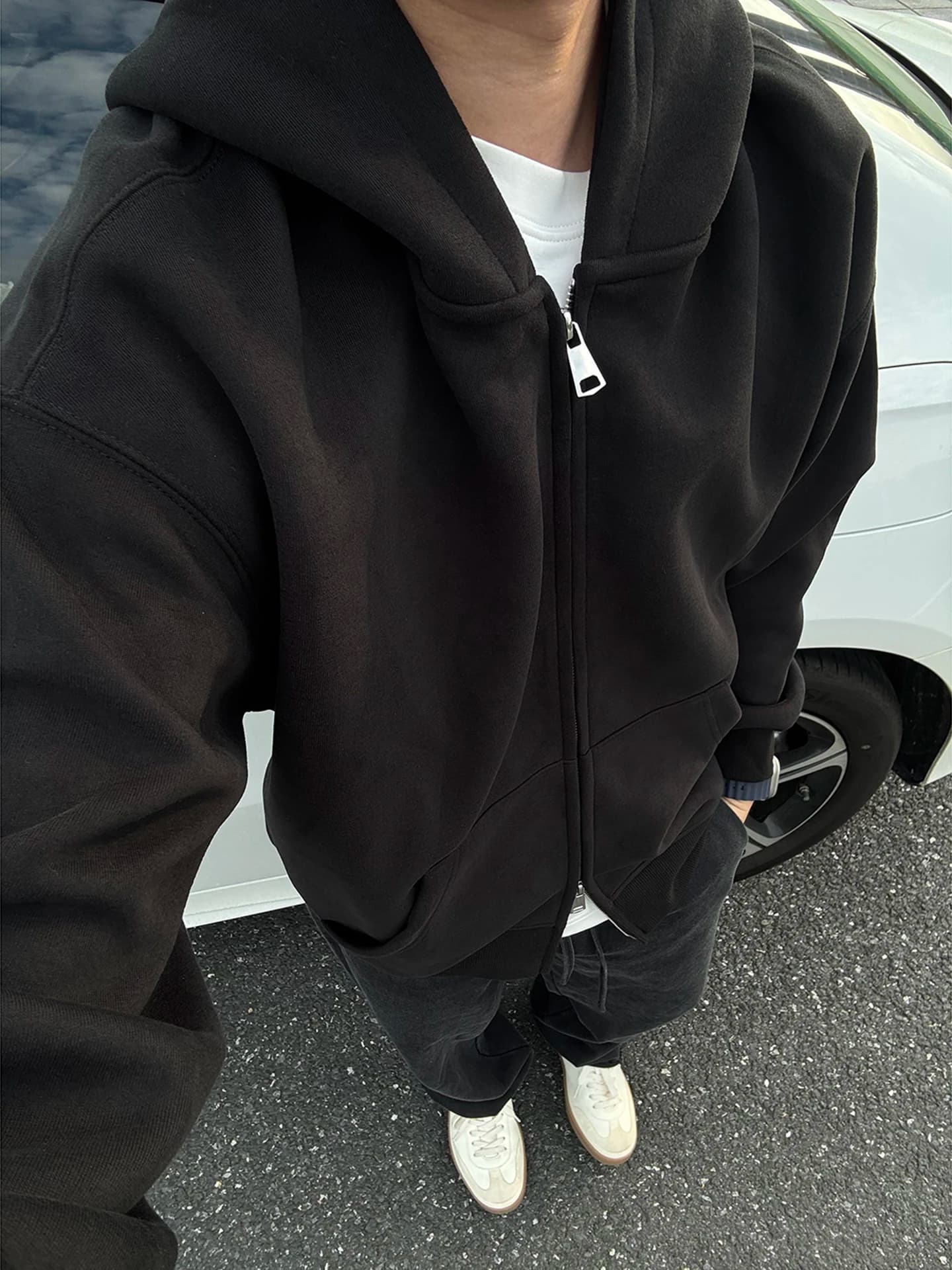 Cleanfit Black Hoodie Cardigan Men's Style Heavyweight American Hard And Stiff Autumn Jacket Coat Long Sleeve Zipper Design