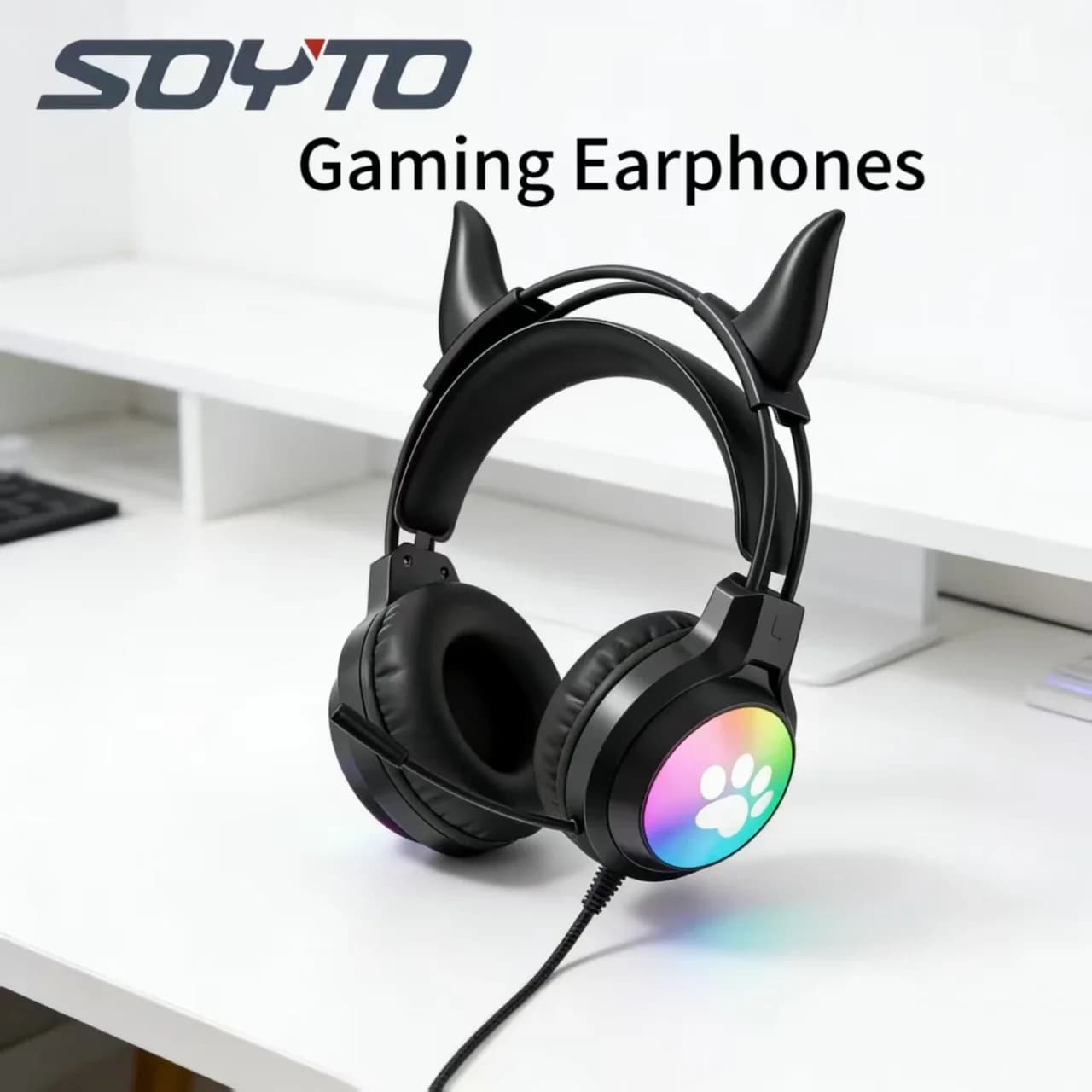 SOYTO 2026 Gaming Headphones with Stackable Devil's Earrings, Wired Headphones with Integrated Control for PC and Laptop