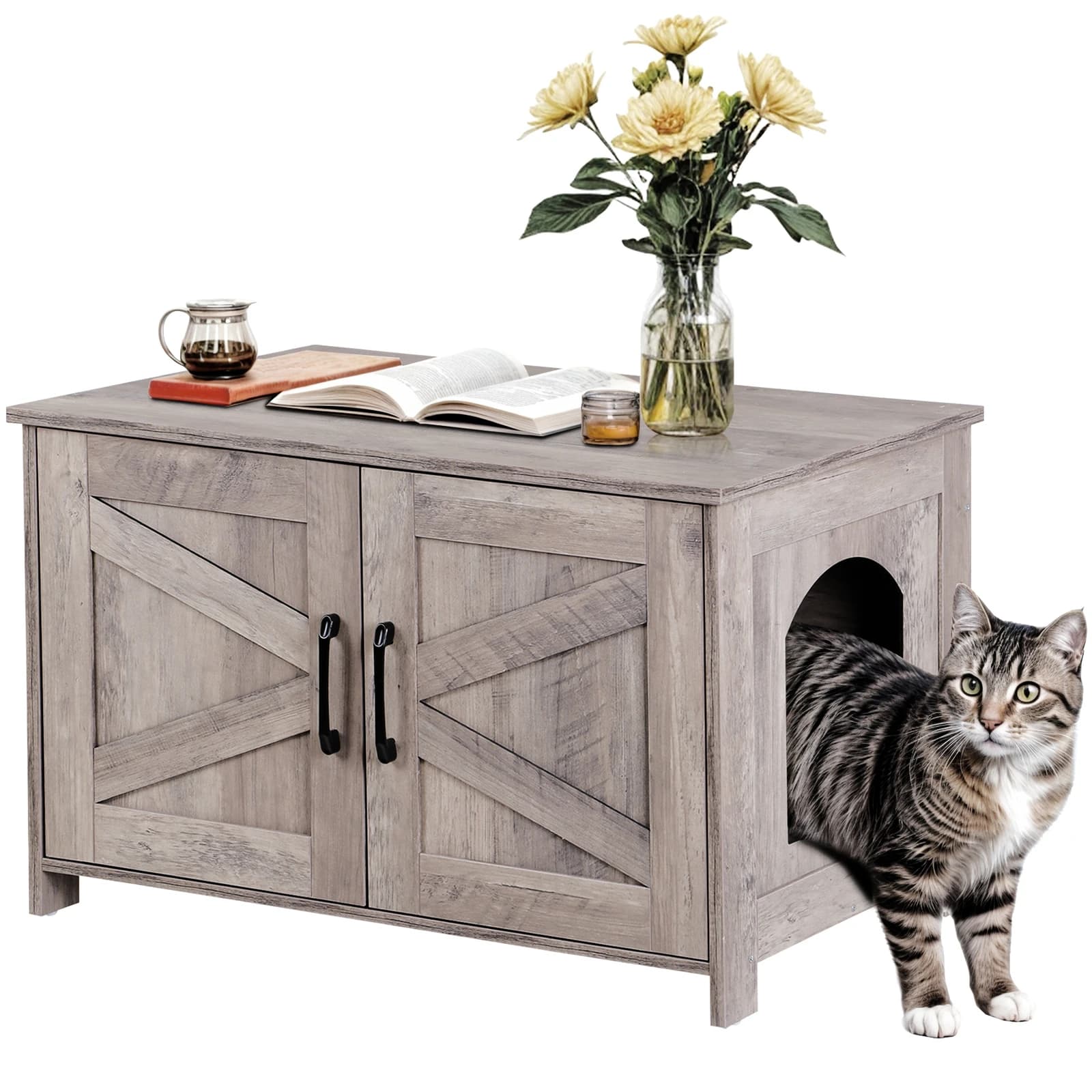 Mobiletto per lettiera per gatti, mobiletto in legno nascosto per lettiera, colore grigio chiaro