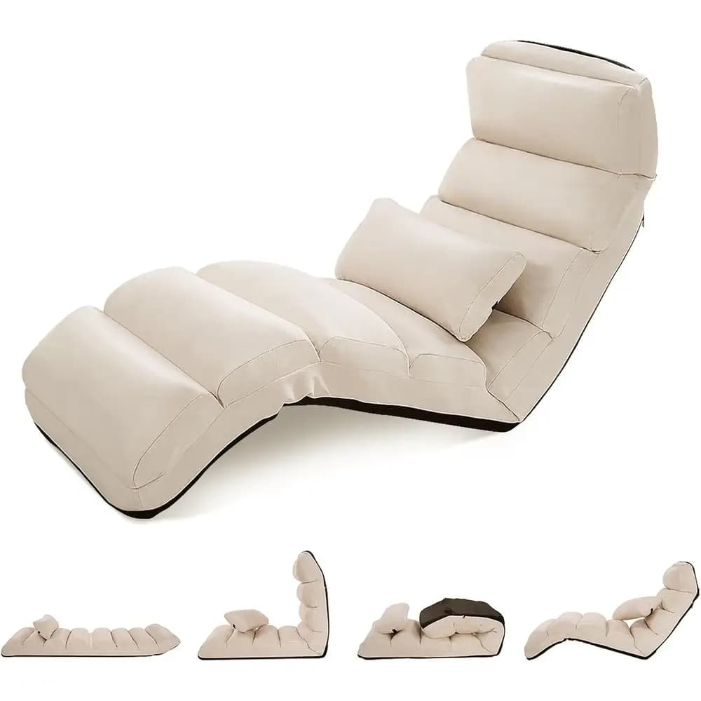 Adjustable 5-Position Padded Lounge Chair for Adults, Thick Cushion & Pillow, Easy Set Up, Ideal for Gaming and Relaxing, Lightw