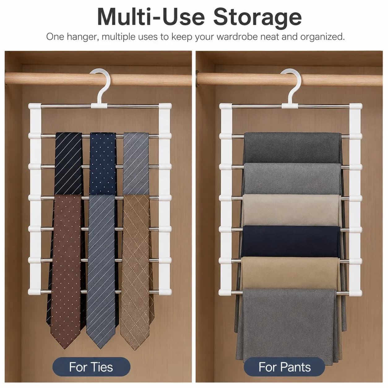 6 Tier Pants Rack Multi Layer Trouser Hanger with Hook Closet Space Saver Storage for Slacks Leggings Belts Ties Scarves Home