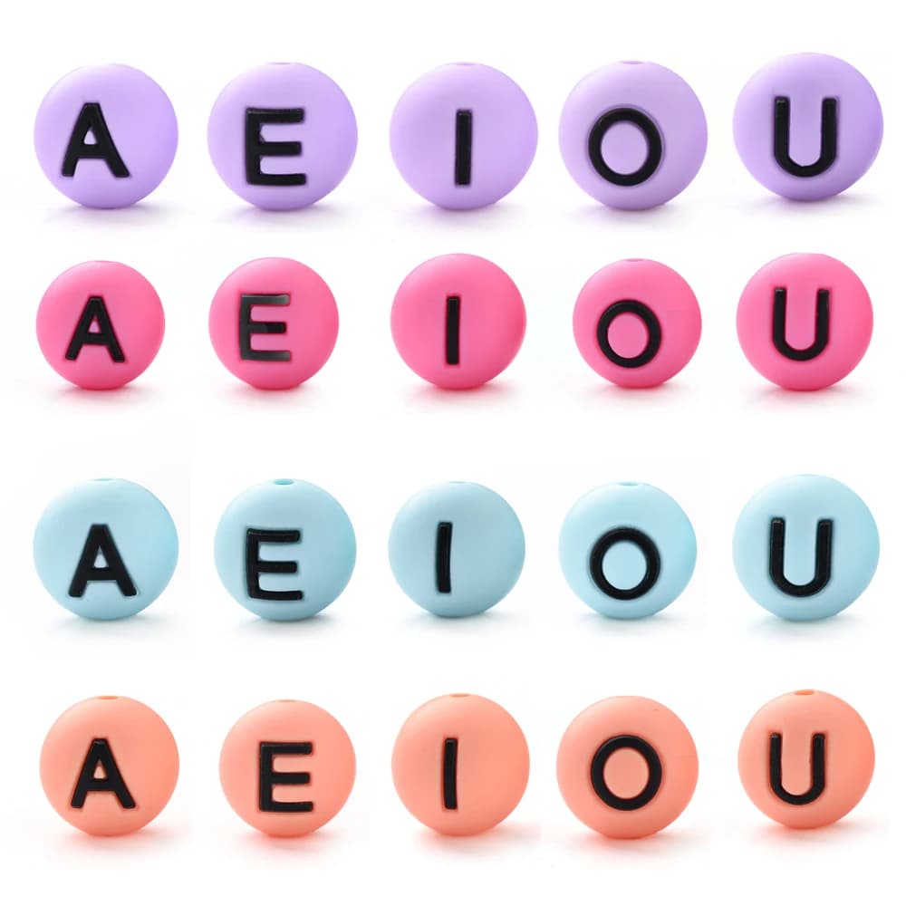 10Pcs 15mm Silicone Letter Beads Colorful Round vowel Letter A/E/I/O/U Loose Beads for DIY Pacifier Chain Necklace Bracelet