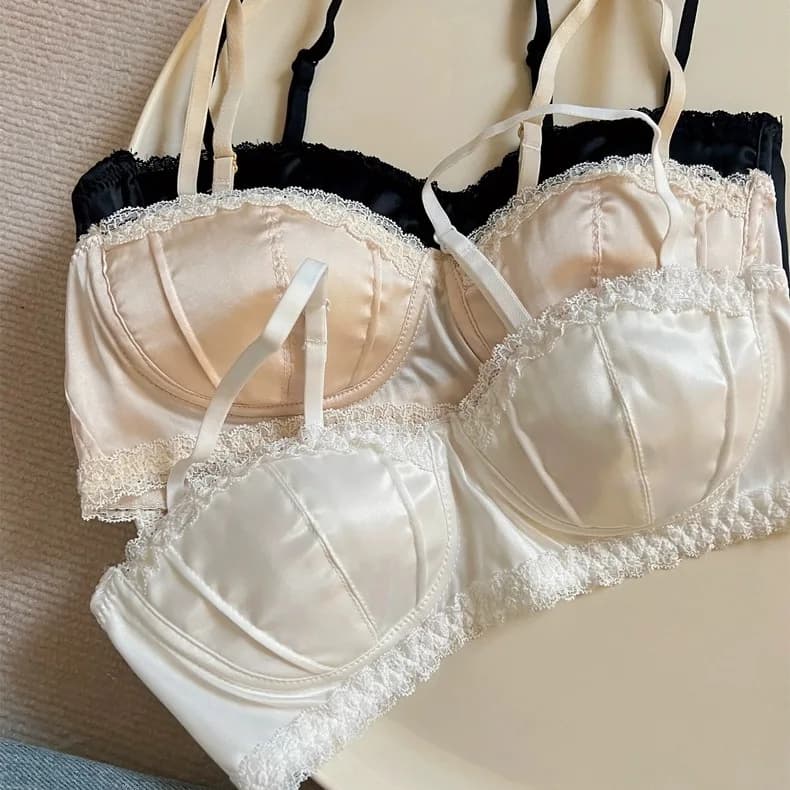 Reggiseno da ragazza sexy a mezza tazza sottile con ferretto in pizzo con coppa di conchiglia in raso francese