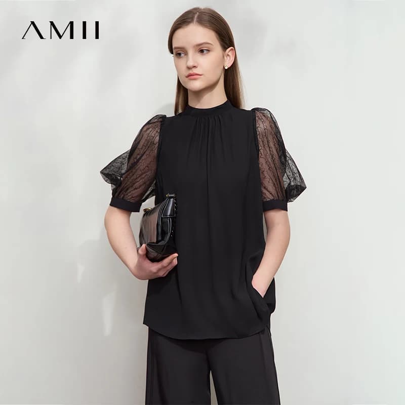 Amii Minimalist Coached Premium Chiffon Shirt Woman 2025 Summer New tie with V neck Sweater balloon sleeve Solid color shirt 12542134