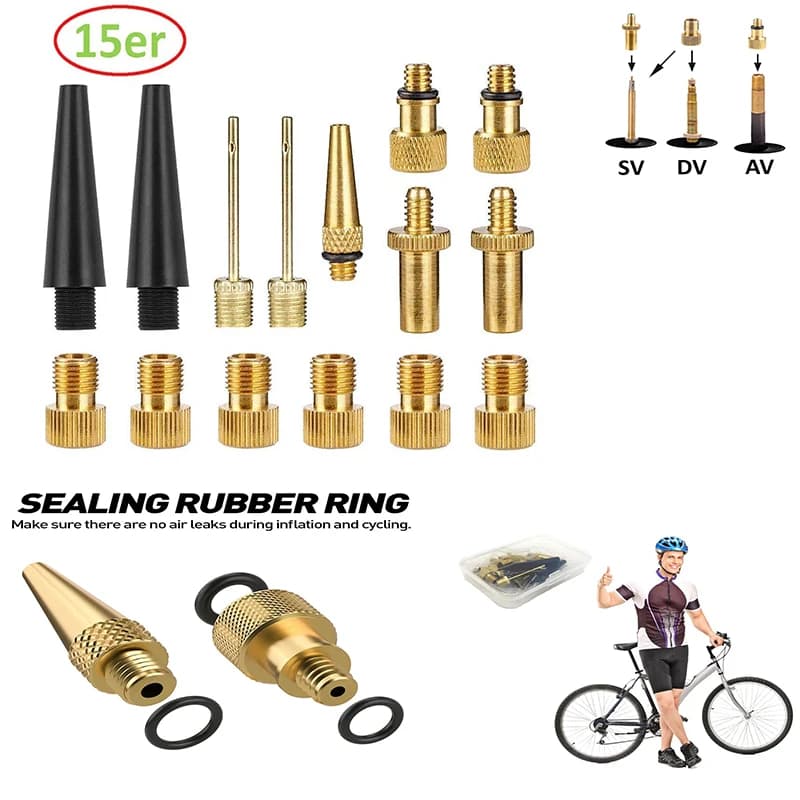 Set di adattatori per valvole per bicicletta in rame da 15 pezzi Kit adattatore per pompa per pneumatici per bici Adattatore per valvola accessorio per pompa di gonfiaggio SV AV DV Valvola per bicicletta
