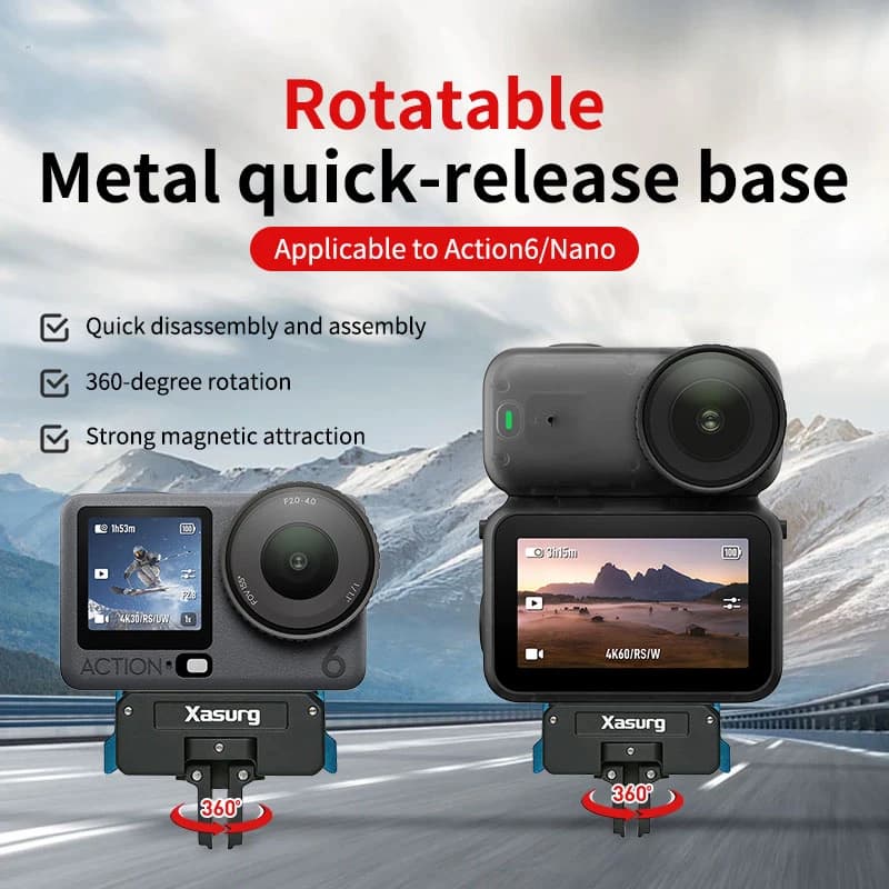 Magnetic Support for DJI OSMO Action 6/Nano Camera, Quick Release Foldable Extension Base with 1/4 Polish Faces and Two Griffe Interface