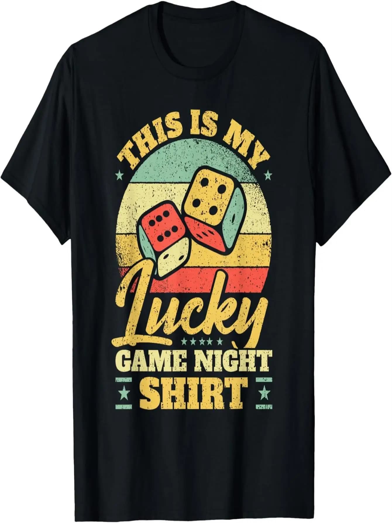 T-shirt casual da uomo con motivo 'This is My Lucky Game Night Shirt' in nero con design di dadi colorati.