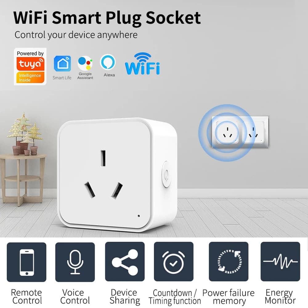 Presa Intelligente Tuya con Adattatore AU, Controllo Wireless WiFi, Funzione di Temporizzazione e Monitoraggio Energetico, Compatibile con Alexa