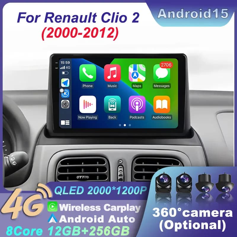 Android 15 Radio For Renault Clio 2 2000-2012 Auto Stereo Wireless Multimedia Navigation Reader BT CarPlay Touch 2K QLED Screen