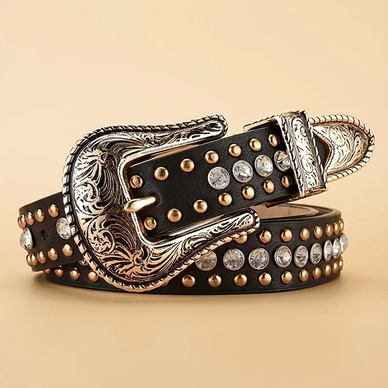 Cintura da donna Vintage scolpita fibbia cintura sottile moda strass rivetto cintura da uomo personalizzata Street Punk HipHop Rock Y2K Style