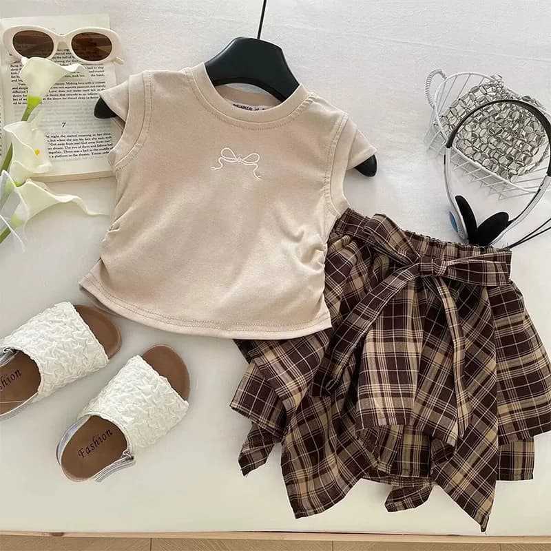Set estivo elegante per ragazze, gonna corta a quadri irregolare e t-shirt ricamata con fiocco, completo da 2 pezzi, dolce e carino, per bambini da 2 a 10 anni